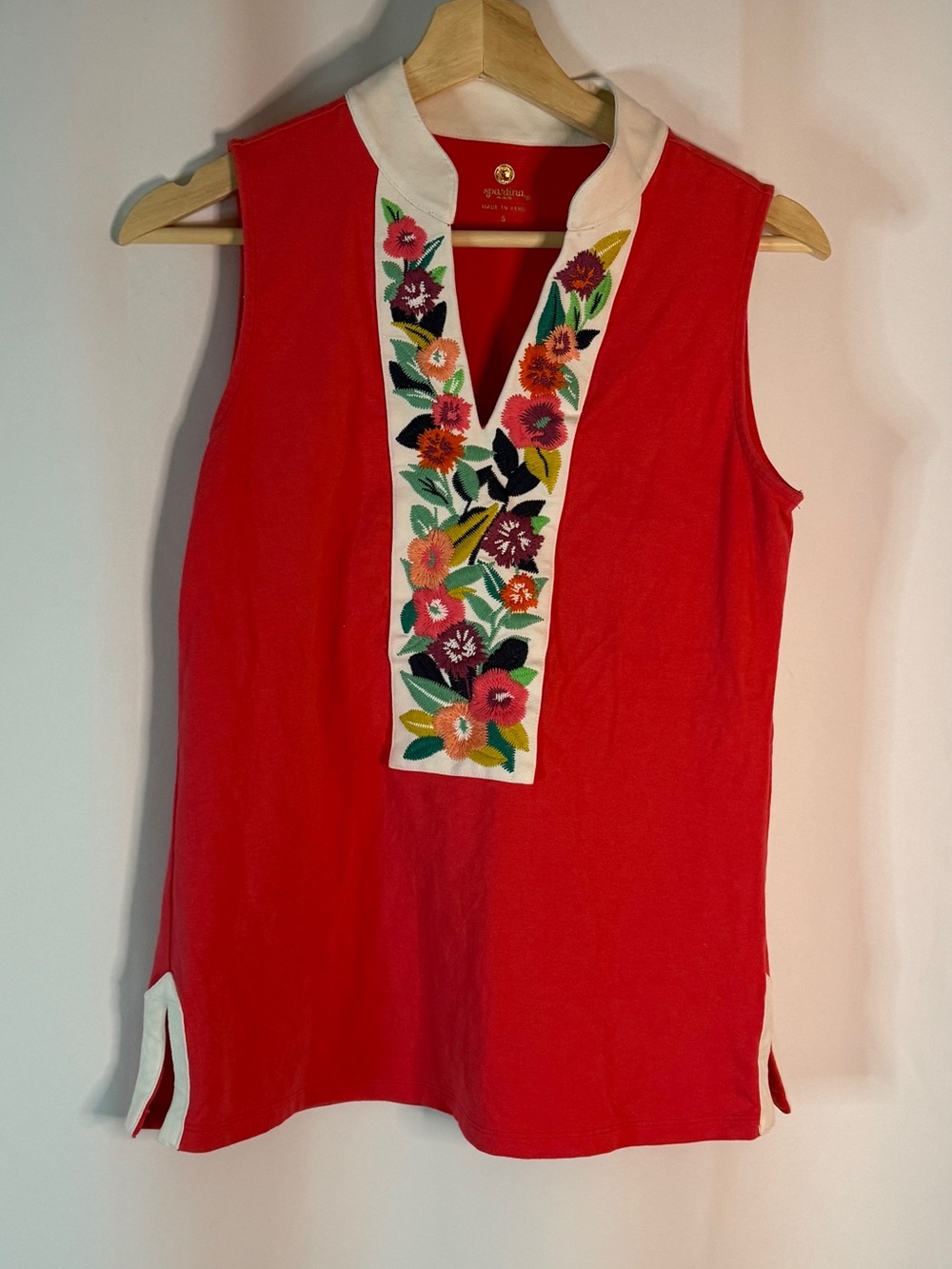 Spartina 449 Coral Red Sleeveless Tunic with Cream Embroidered Placket